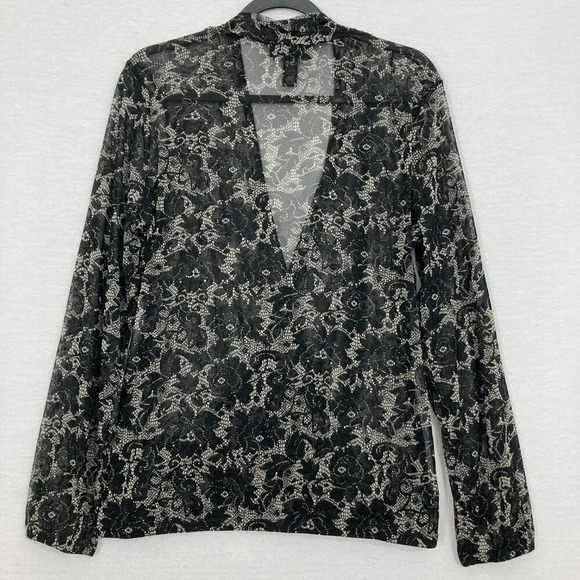 INC International Concepts Black Cream Floral Wrap Surplice Sheer Blouse XL - Picture 8 of 9